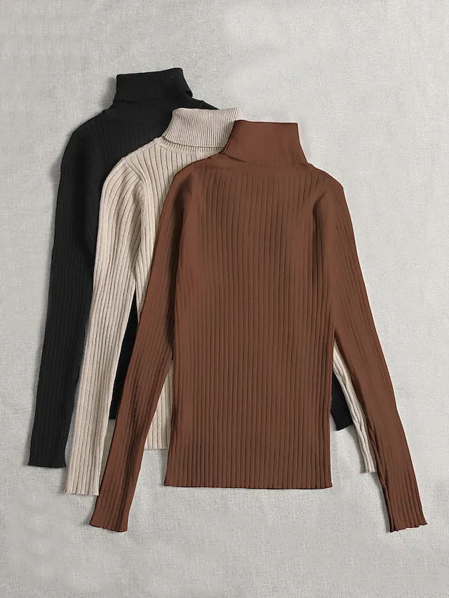 3 pieces Women's Pullover Sweater Jumper Ribbed Knit Knitted Thin Solid Color Turtleneck Basic Casual Daily Winter Fall Black White Gray Brown