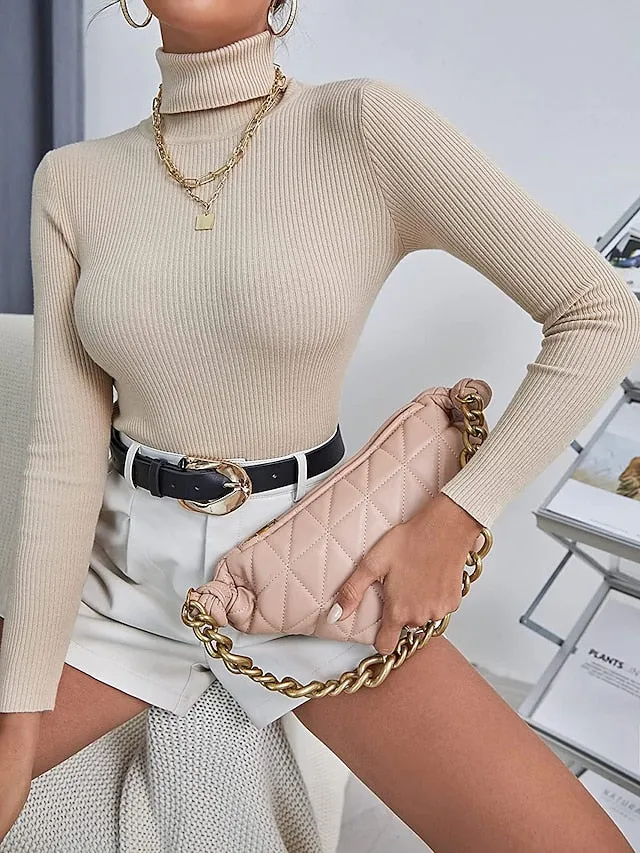 3 pieces Women's Pullover Sweater Jumper Ribbed Knit Knitted Thin Solid Color Turtleneck Basic Casual Daily Winter Fall Black White Gray Brown