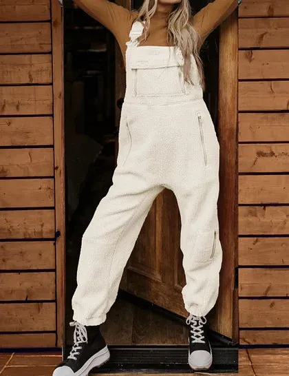 Aneska |  Women's Fleece Thermal Overall with Zip Pockets - Cozy, Warm Full-Length Jumpsuit for Cold Weather