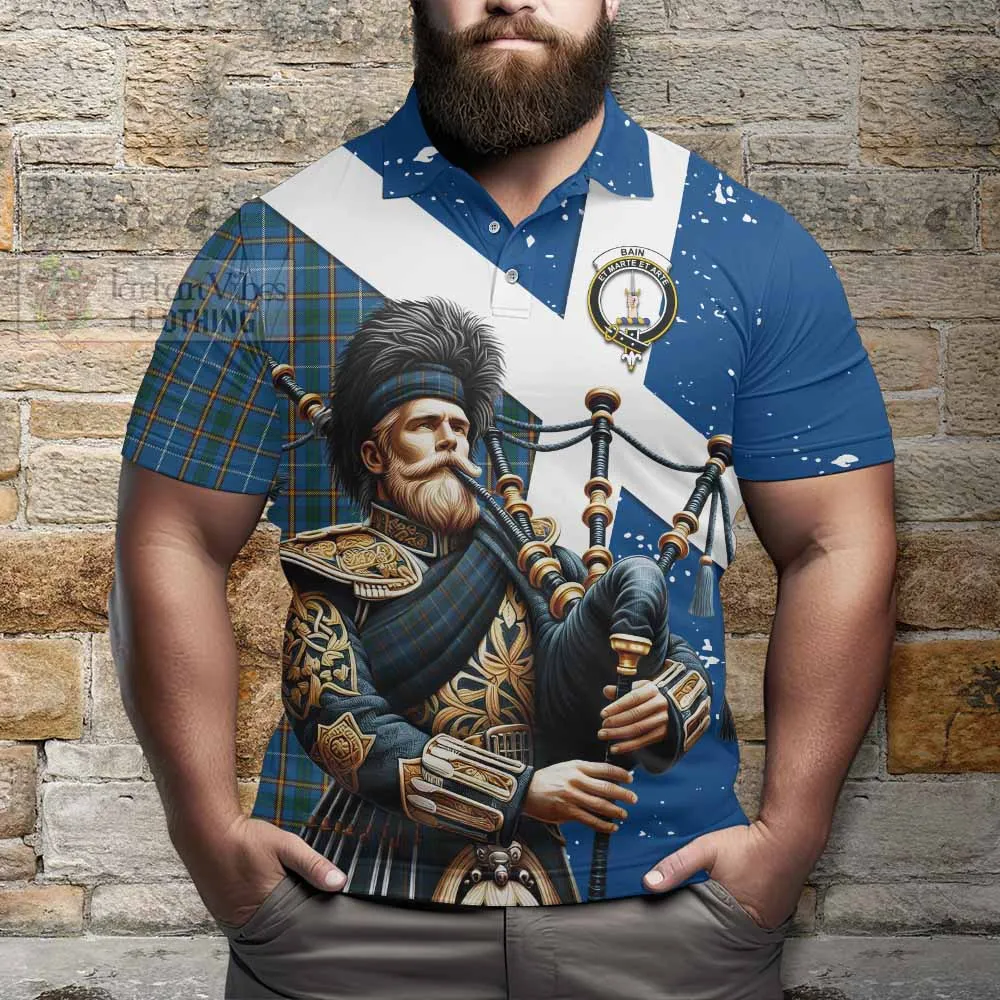Bain Tartan Polo Shirt with Family Crest Scottish Bagpiper Vibes