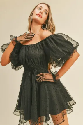 Black Mesh Dot Bubble Sleeve Flared Mini Dress