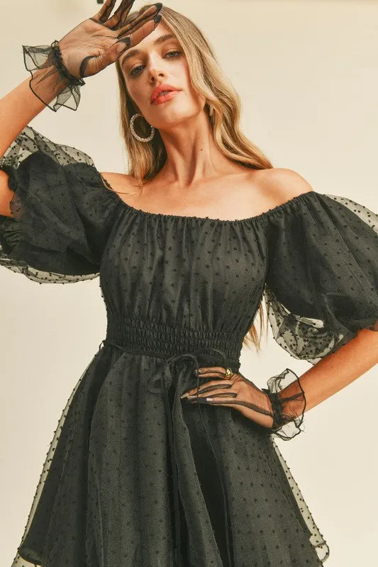 Black Mesh Dot Bubble Sleeve Flared Mini Dress