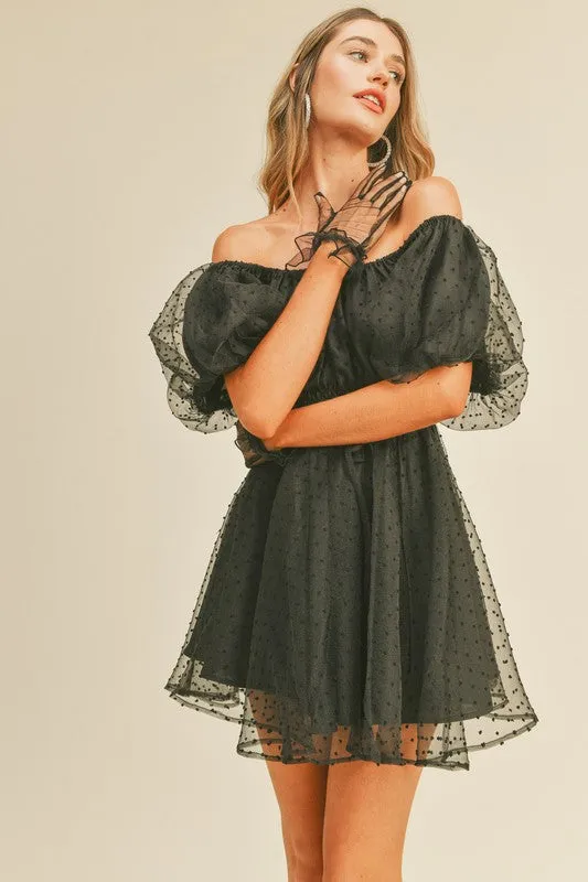 Black Mesh Dot Bubble Sleeve Flared Mini Dress
