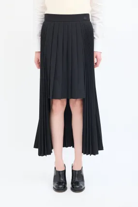 Black Wool High Low Pleated Midi Skirt