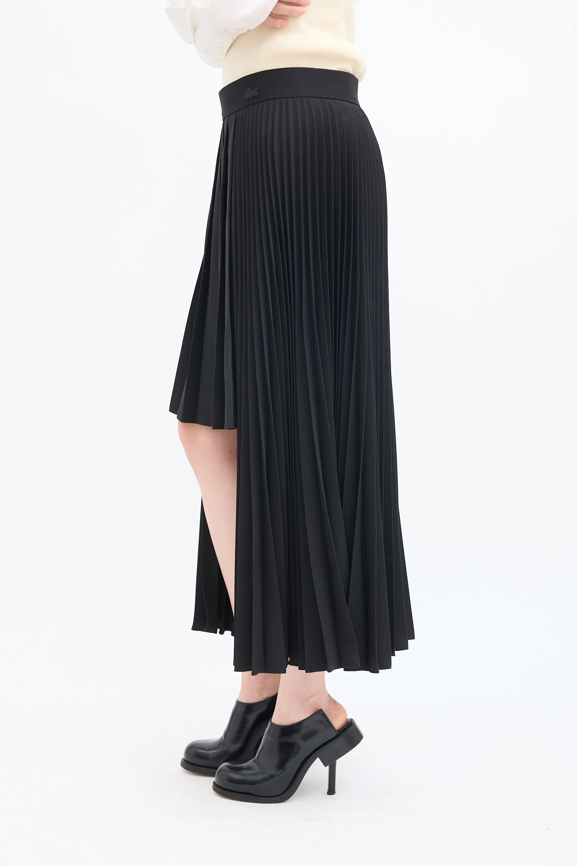 Black Wool High Low Pleated Midi Skirt