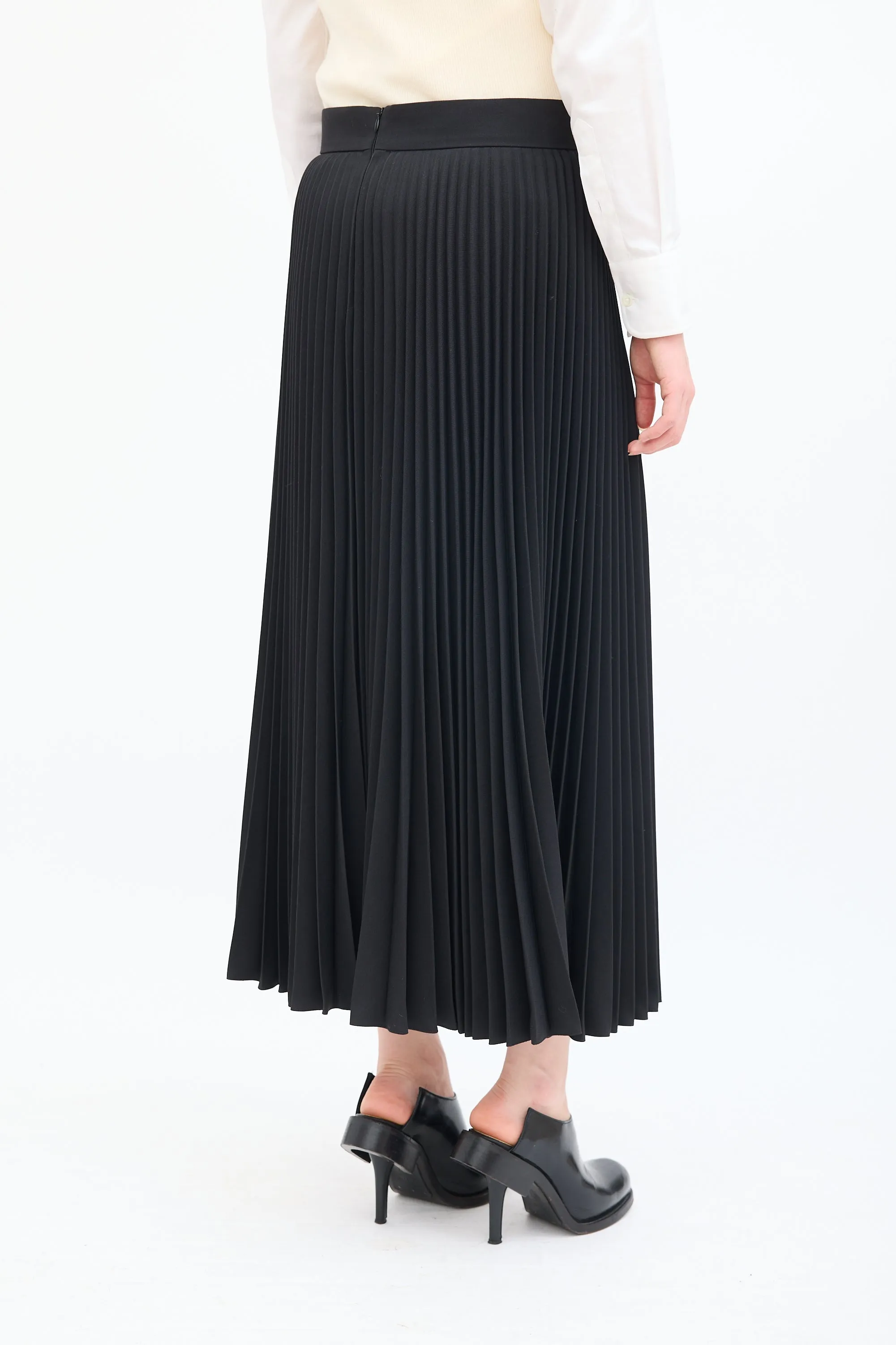 Black Wool High Low Pleated Midi Skirt