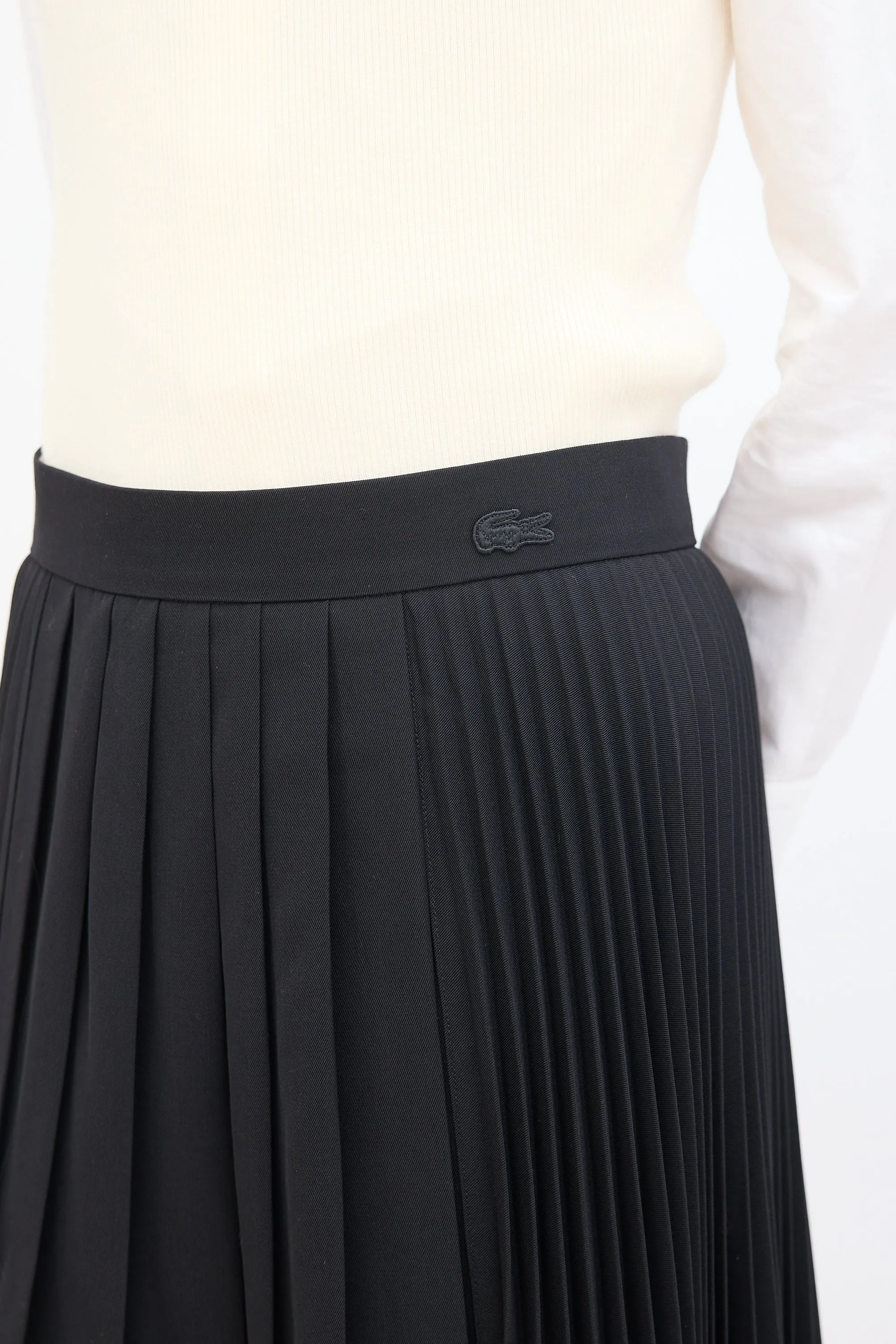 Black Wool High Low Pleated Midi Skirt