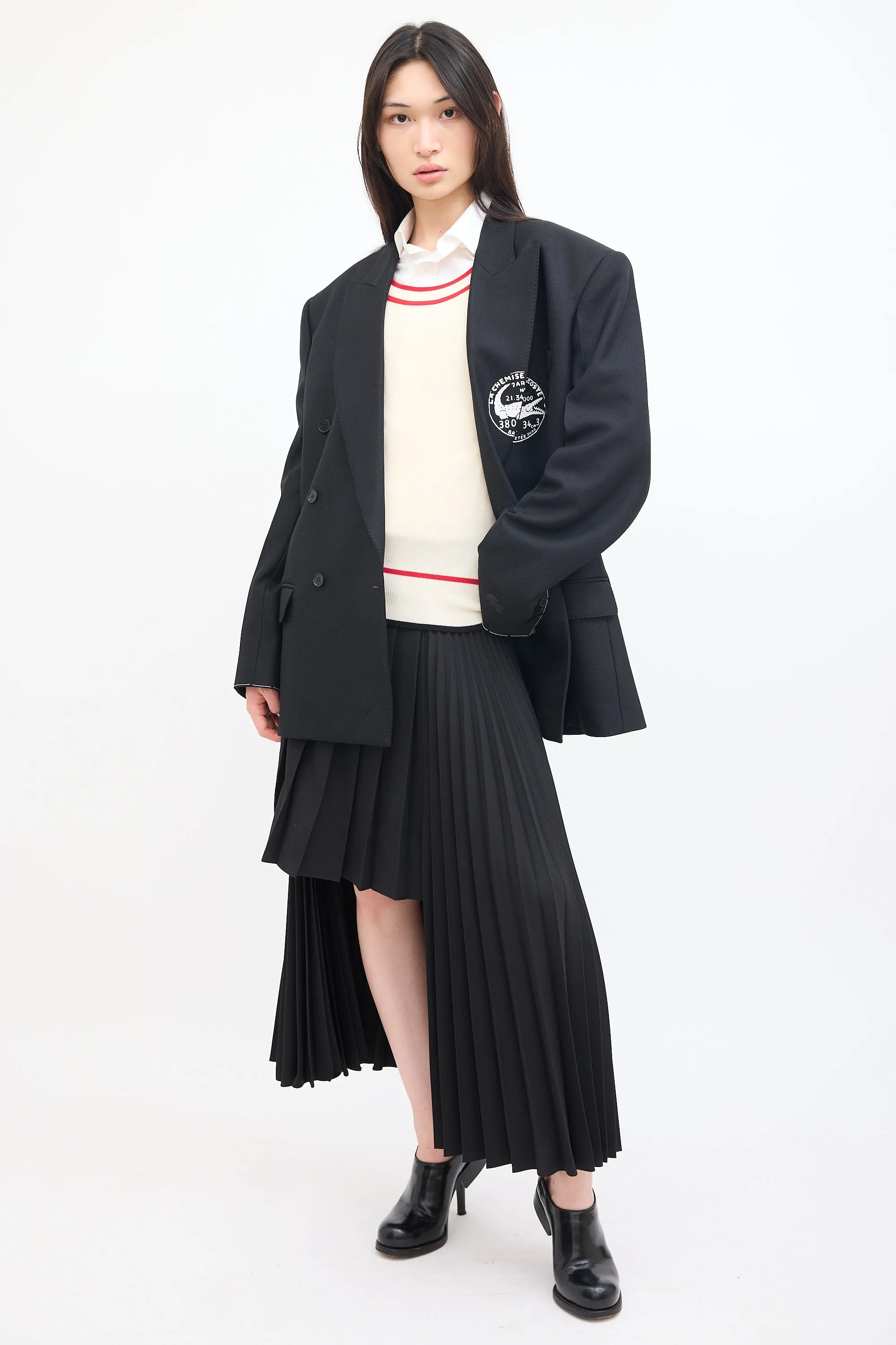 Black Wool High Low Pleated Midi Skirt