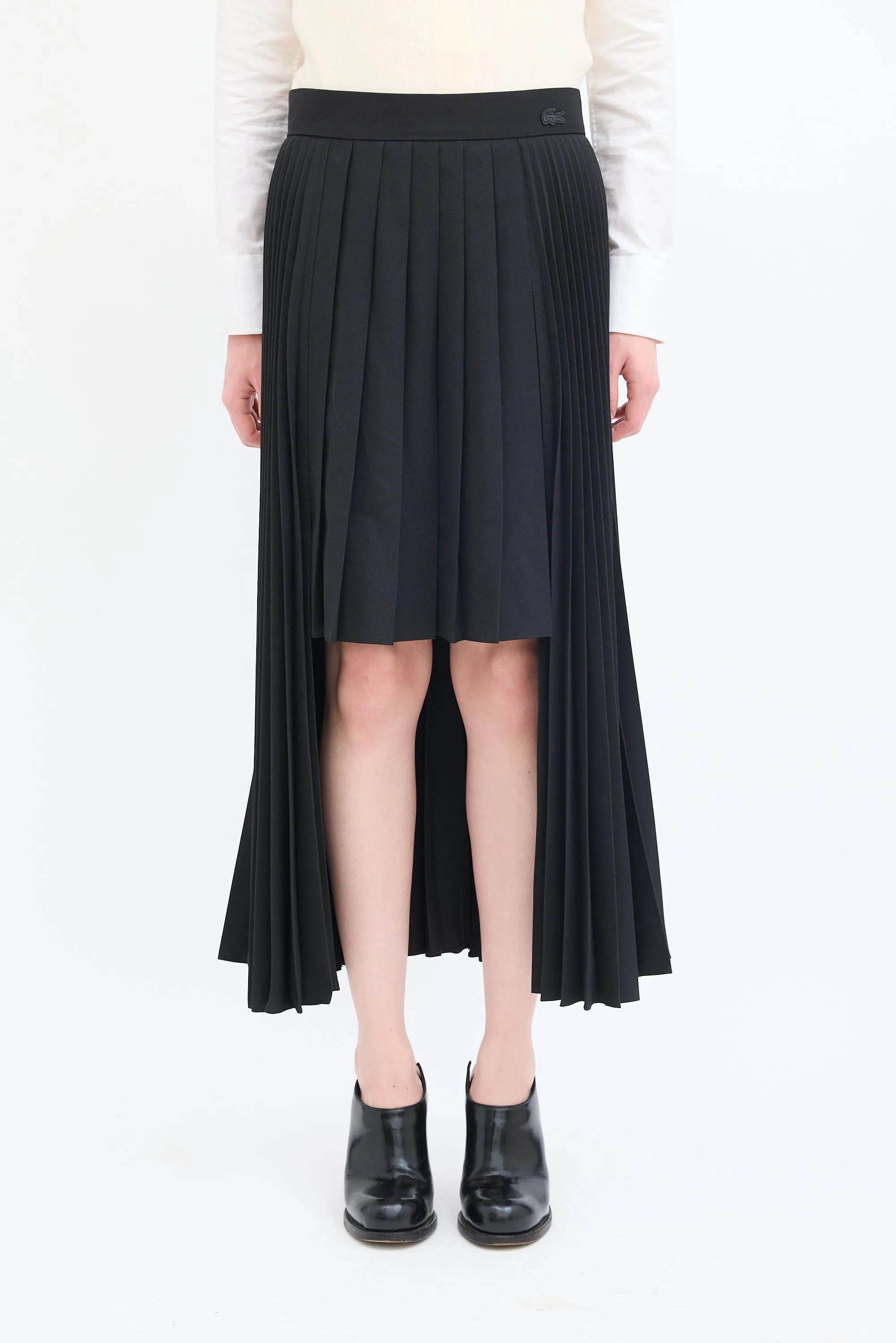 Black Wool High Low Pleated Midi Skirt