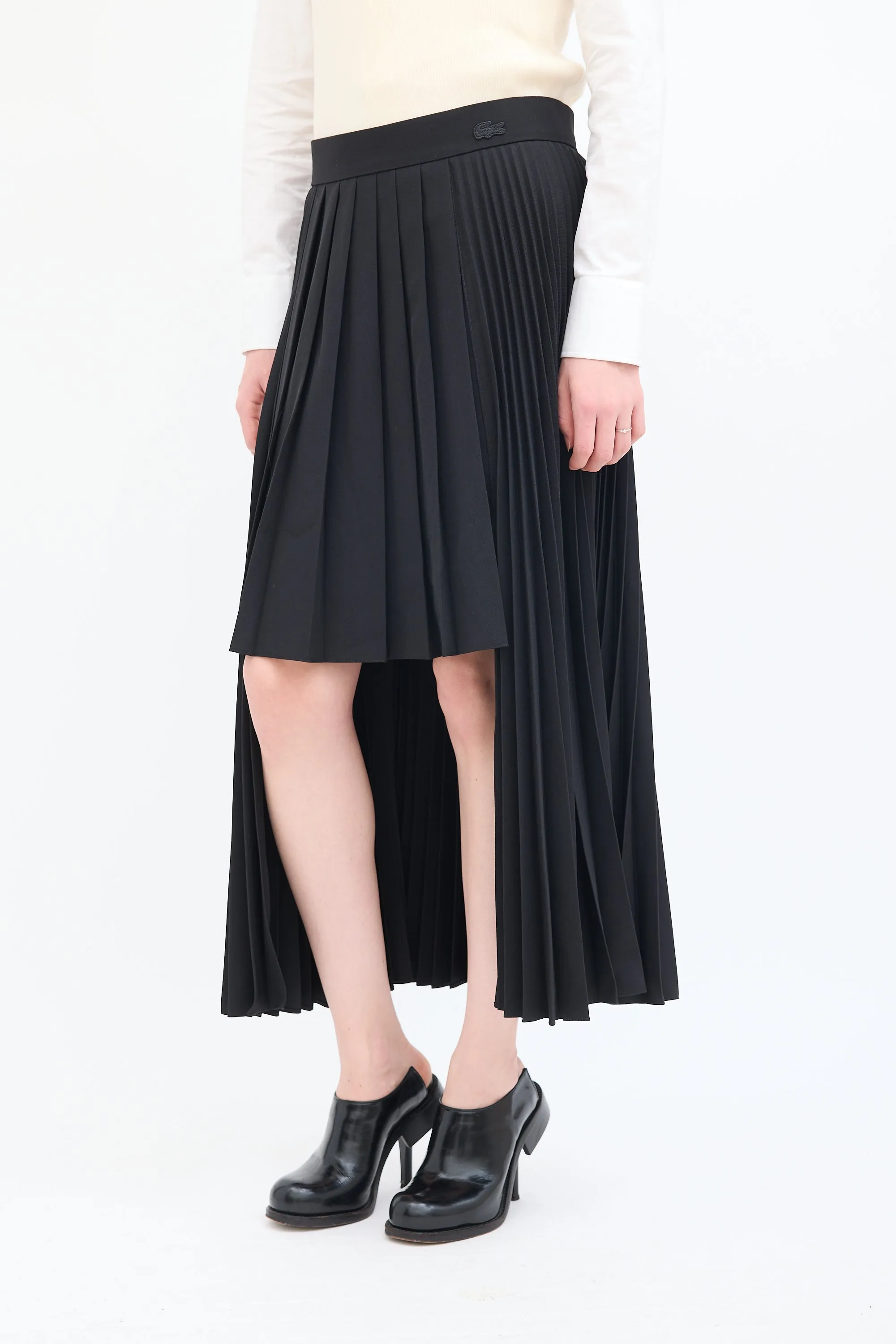 Black Wool High Low Pleated Midi Skirt