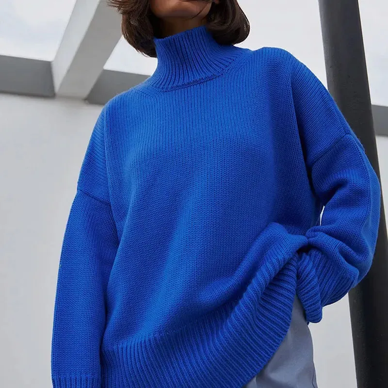Bonnyshow Solid Color Women's Sweater Pullover Casual Loose Women Turtleneck Autumn Winter Fashion Sweaters Long Sleeve Windproof Pullover