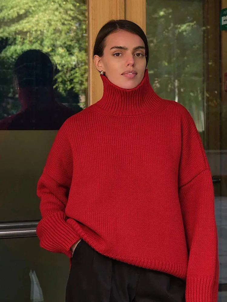 Bonnyshow Solid Color Women's Sweater Pullover Casual Loose Women Turtleneck Autumn Winter Fashion Sweaters Long Sleeve Windproof Pullover