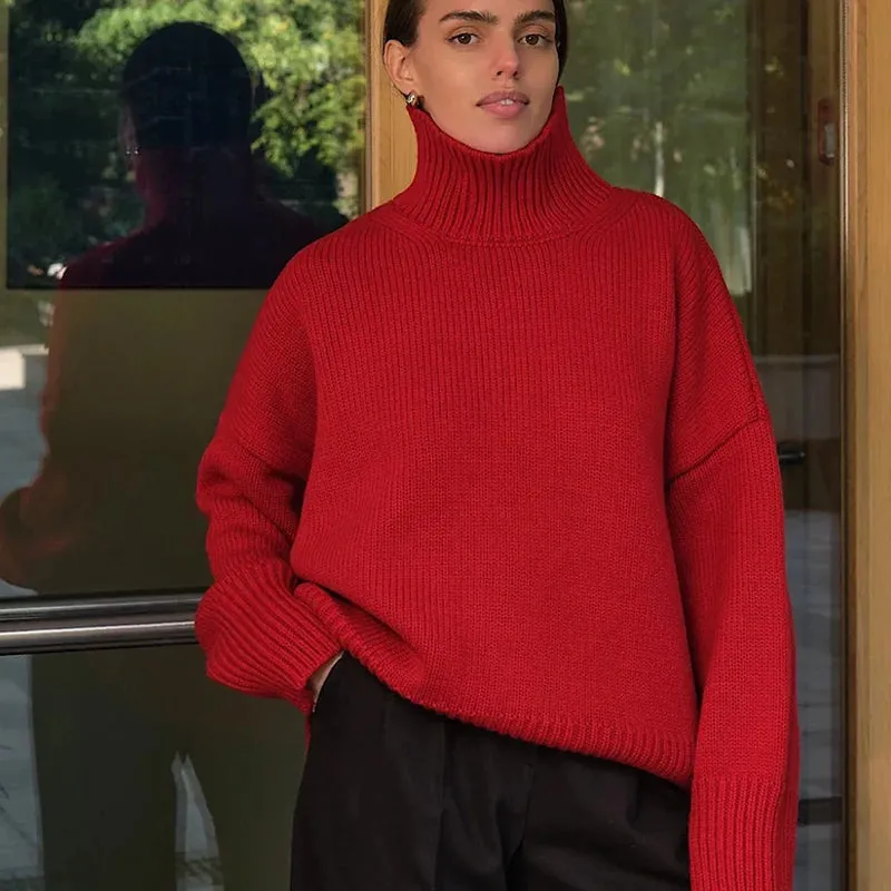Bonnyshow Solid Color Women's Sweater Pullover Casual Loose Women Turtleneck Autumn Winter Fashion Sweaters Long Sleeve Windproof Pullover