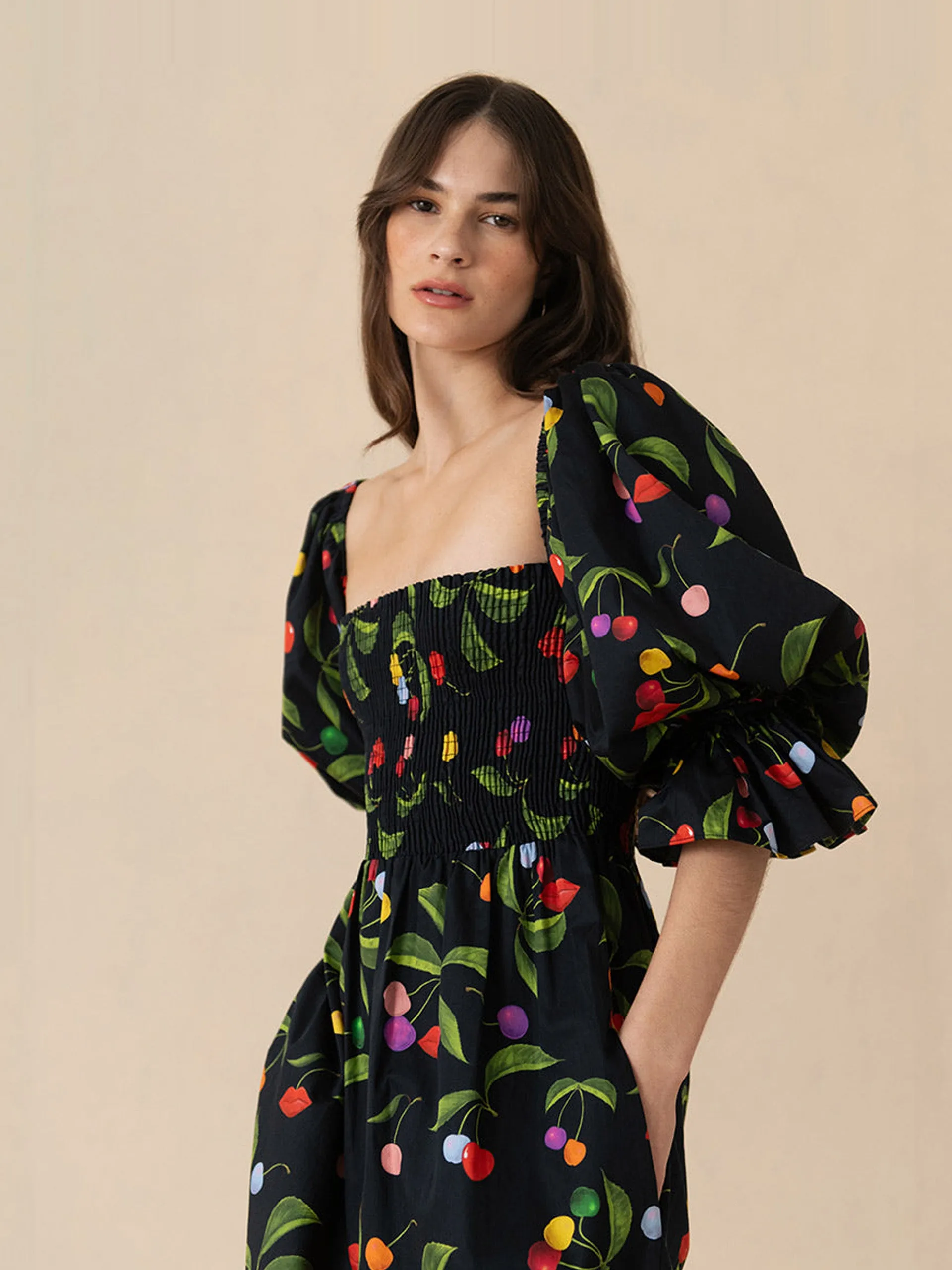 Cherry black Viona cotton midi dress