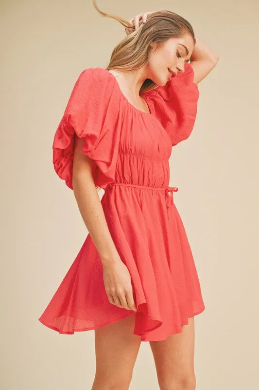 Cherry Pink Bubble Sleeve Flared Mini Dress