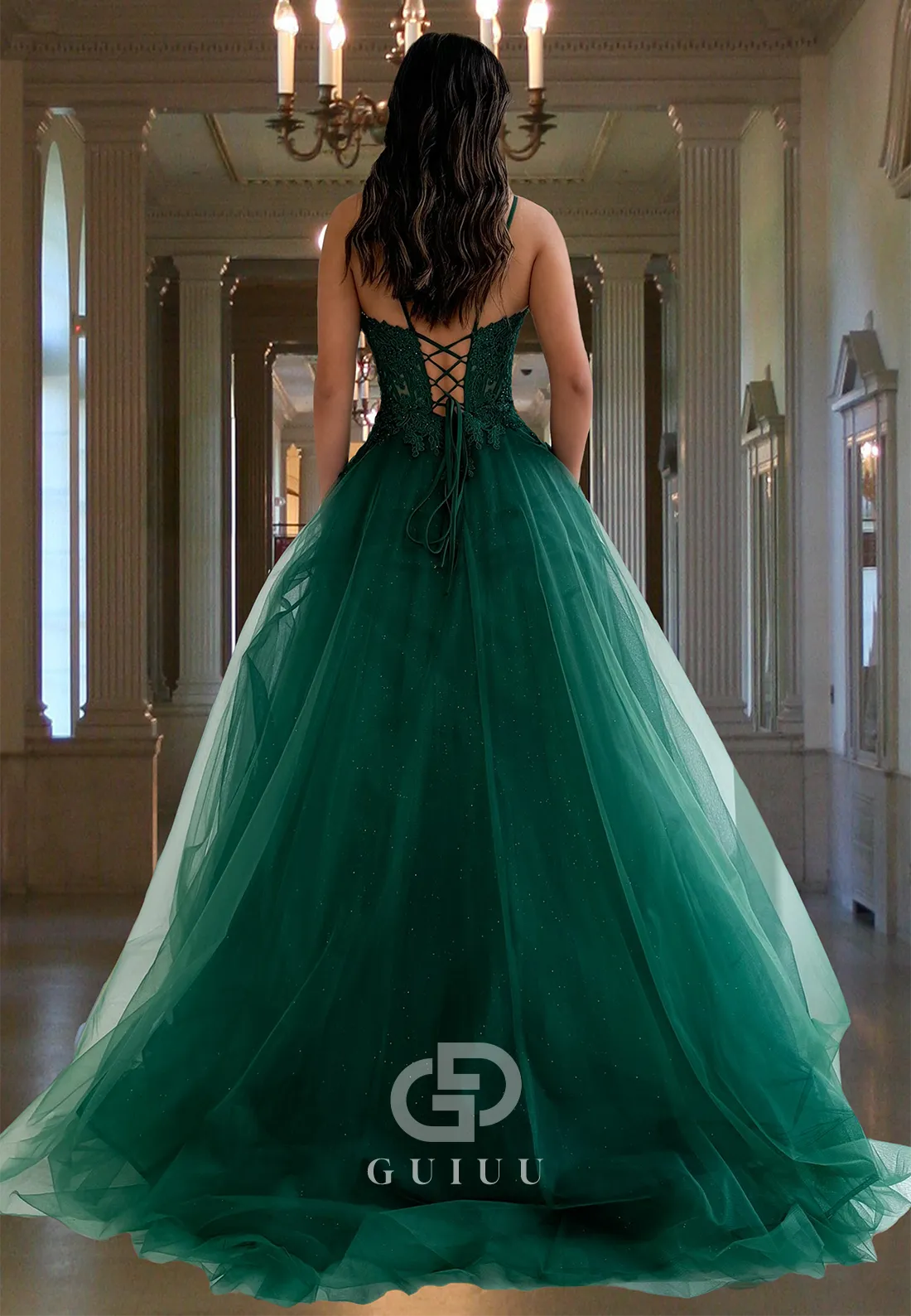 Dark Green A-Line Spaghetti Straps Sweetheart Prom Dress with Slit Sequins Evening Party Dress
