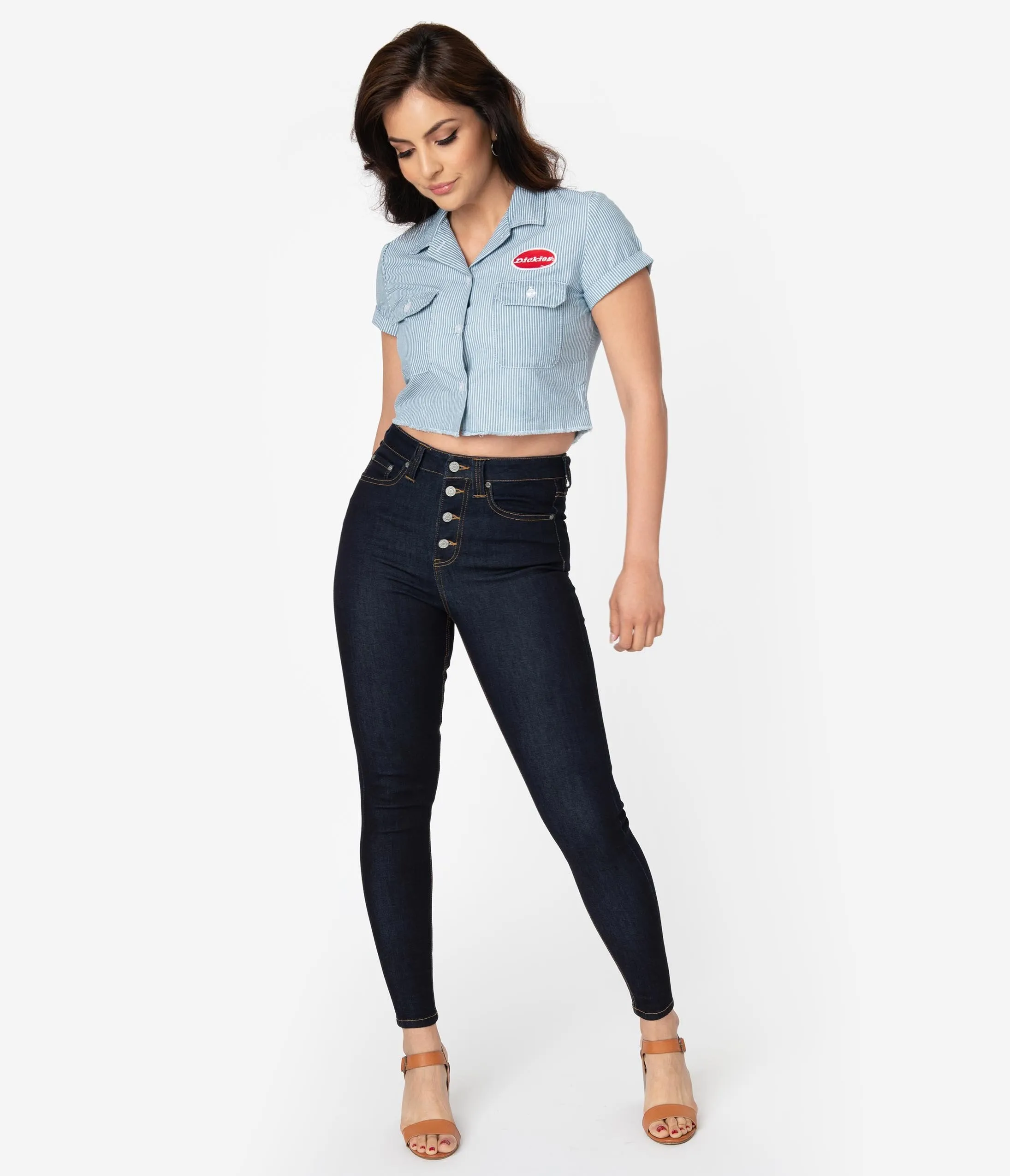 Dickies Dark Denim Blue Wash High Waist Button Up Skinny Jeans
