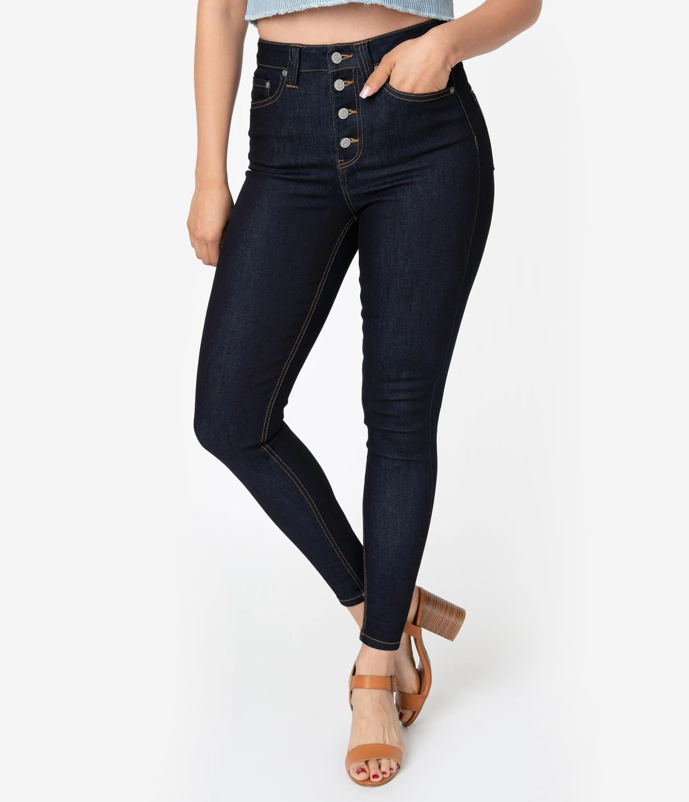 Dickies Dark Denim Blue Wash High Waist Button Up Skinny Jeans
