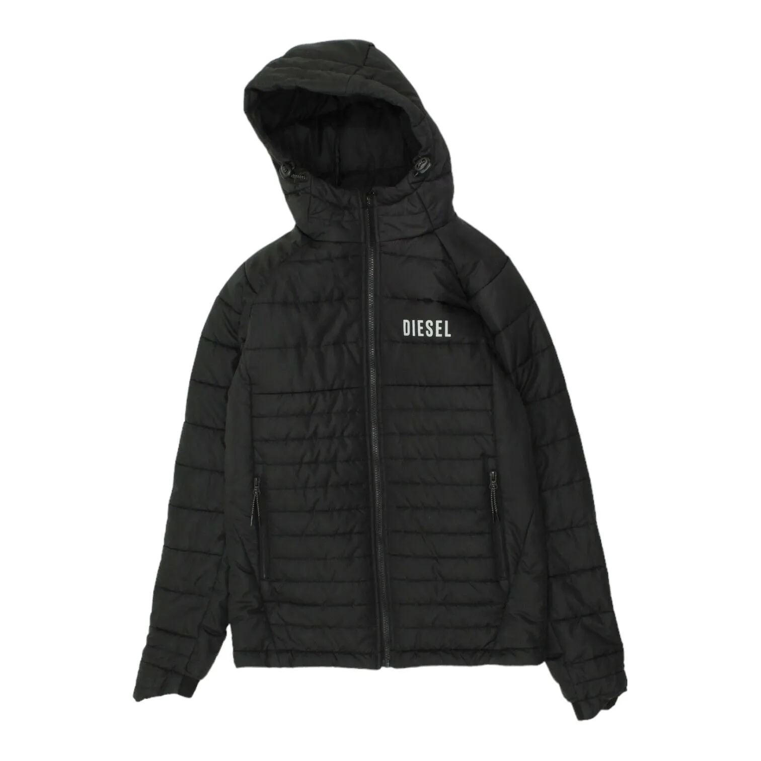 Diesel Chest Logo Mens Black Puffer Jacket | Designer Streetwear Padded Coat VTG