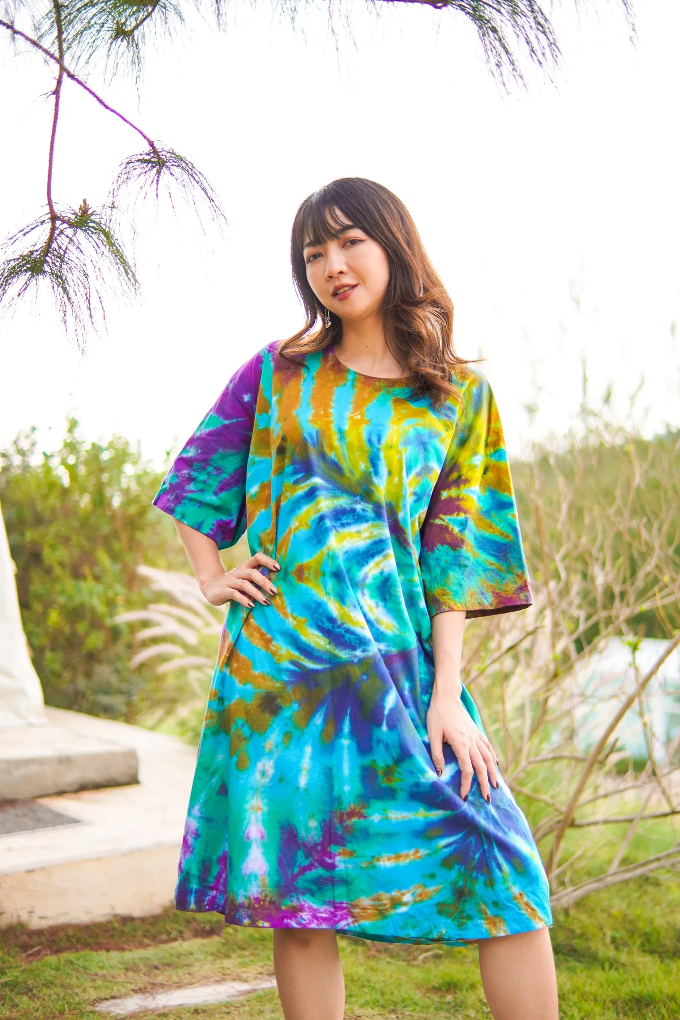 Enchanted Oasis Hand Dyed Boho Cotton Dress with Pockets