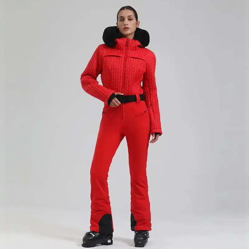 Extremely Warm One-piece Snowsuits Women Hooded Fur Collar Ski Wear