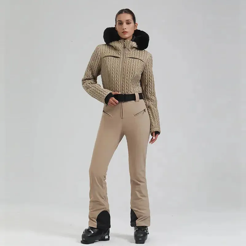 Extremely Warm One-piece Snowsuits Women Hooded Fur Collar Ski Wear