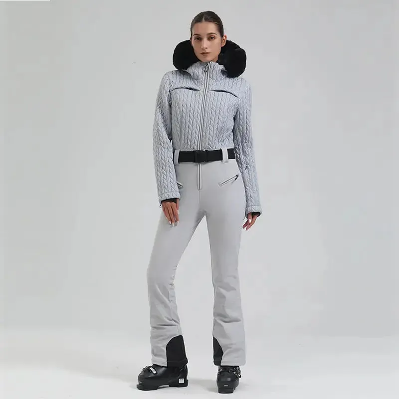 Extremely Warm One-piece Snowsuits Women Hooded Fur Collar Ski Wear