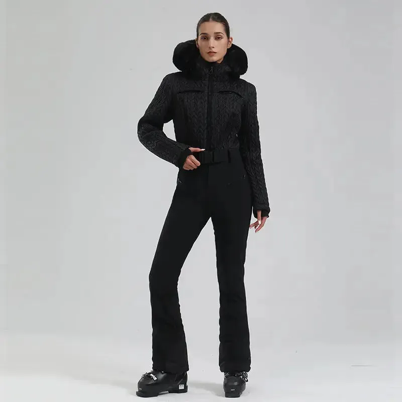 Extremely Warm One-piece Snowsuits Women Hooded Fur Collar Ski Wear