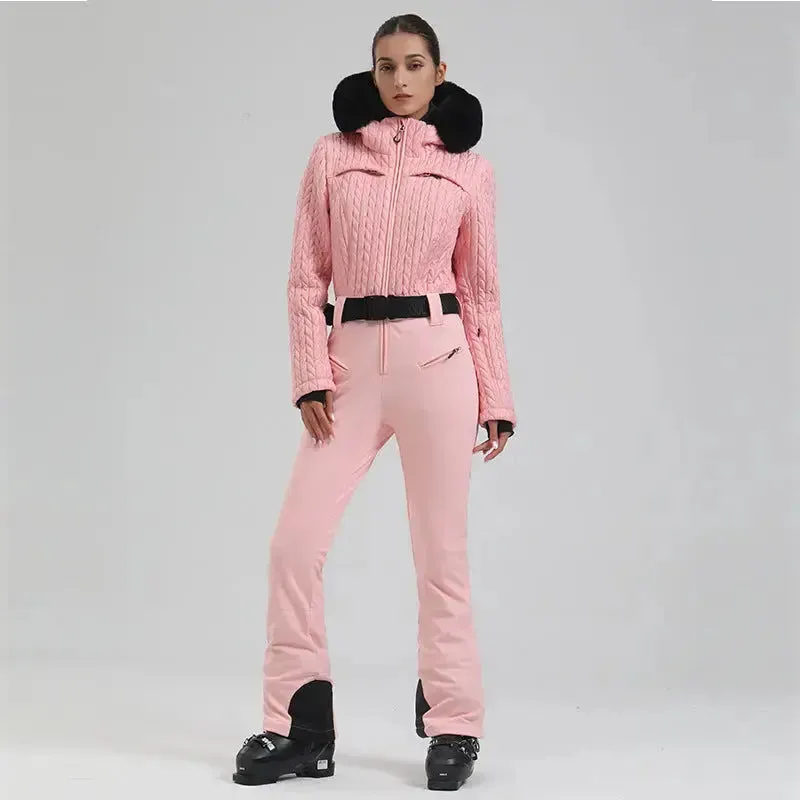 Extremely Warm One-piece Snowsuits Women Hooded Fur Collar Ski Wear