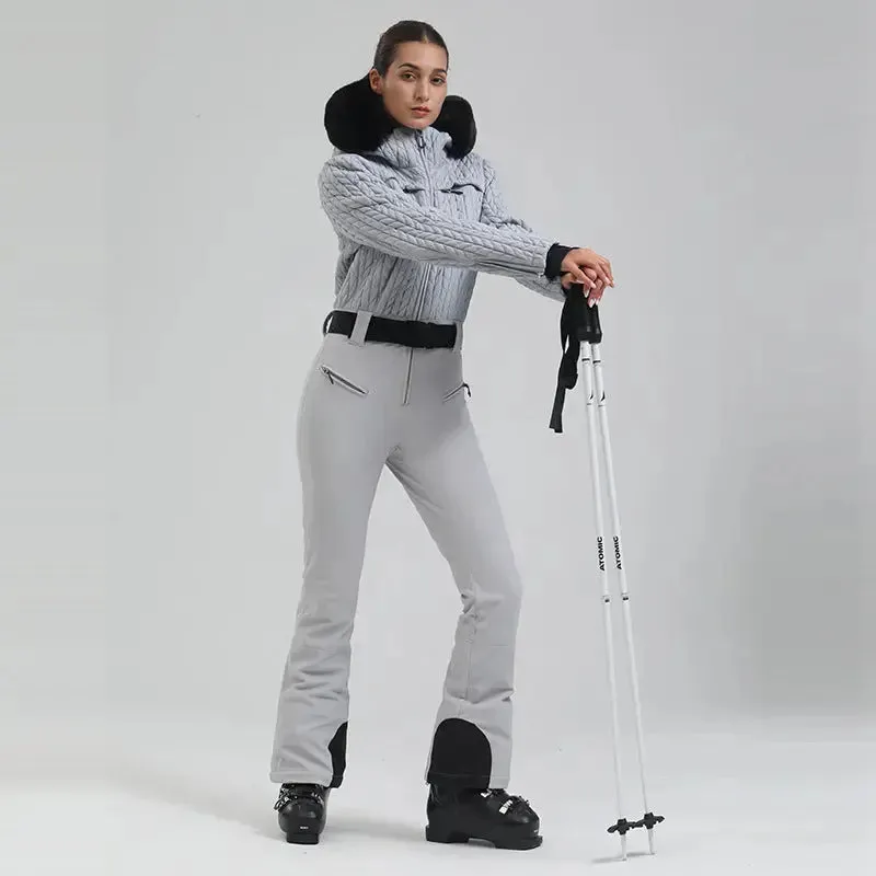 Extremely Warm One-piece Snowsuits Women Hooded Fur Collar Ski Wear