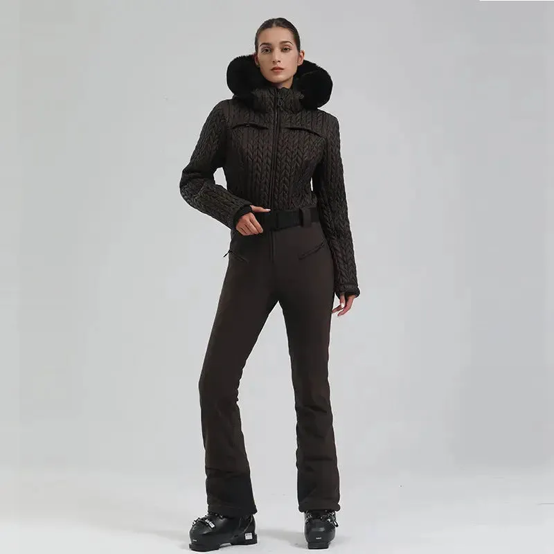 Extremely Warm One-piece Snowsuits Women Hooded Fur Collar Ski Wear