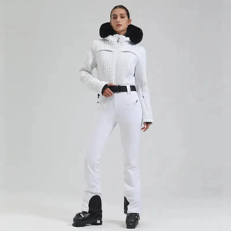 Extremely Warm One-piece Snowsuits Women Hooded Fur Collar Ski Wear