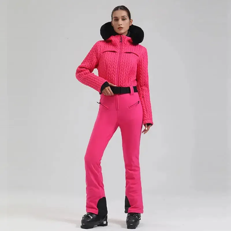 Extremely Warm One-piece Snowsuits Women Hooded Fur Collar Ski Wear