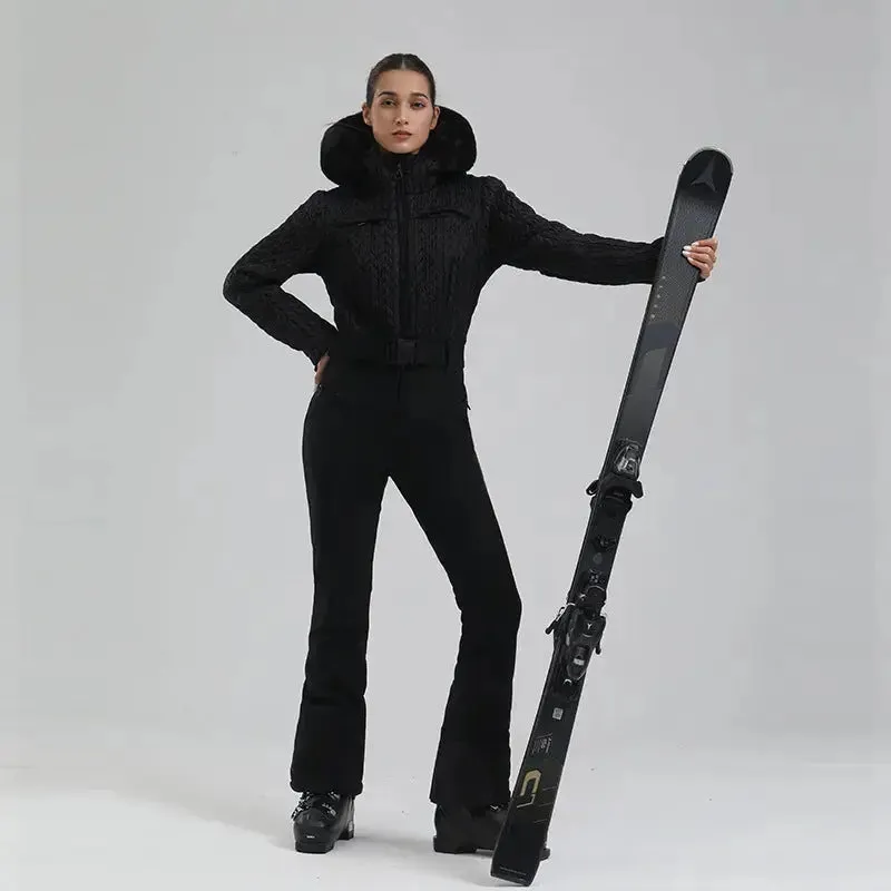 Extremely Warm One-piece Snowsuits Women Hooded Fur Collar Ski Wear