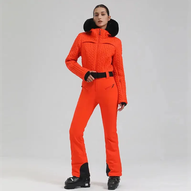 Extremely Warm One-piece Snowsuits Women Hooded Fur Collar Ski Wear