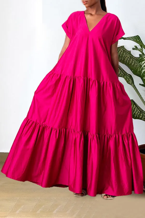 Fashion V-Neck Ruffle Hem Maxi Dress
