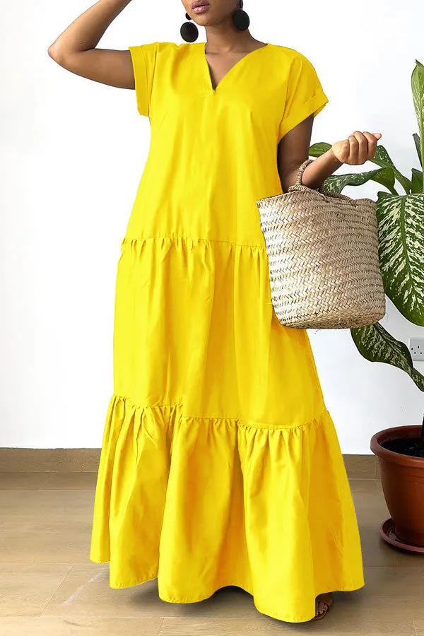 Fashion V-Neck Ruffle Hem Maxi Dress