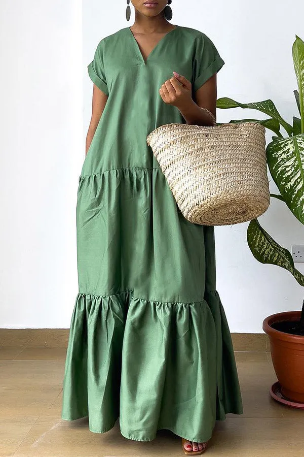 Fashion V-Neck Ruffle Hem Maxi Dress
