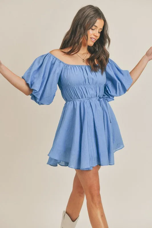 French Blue Bubble Sleeve Flared Mini Dress