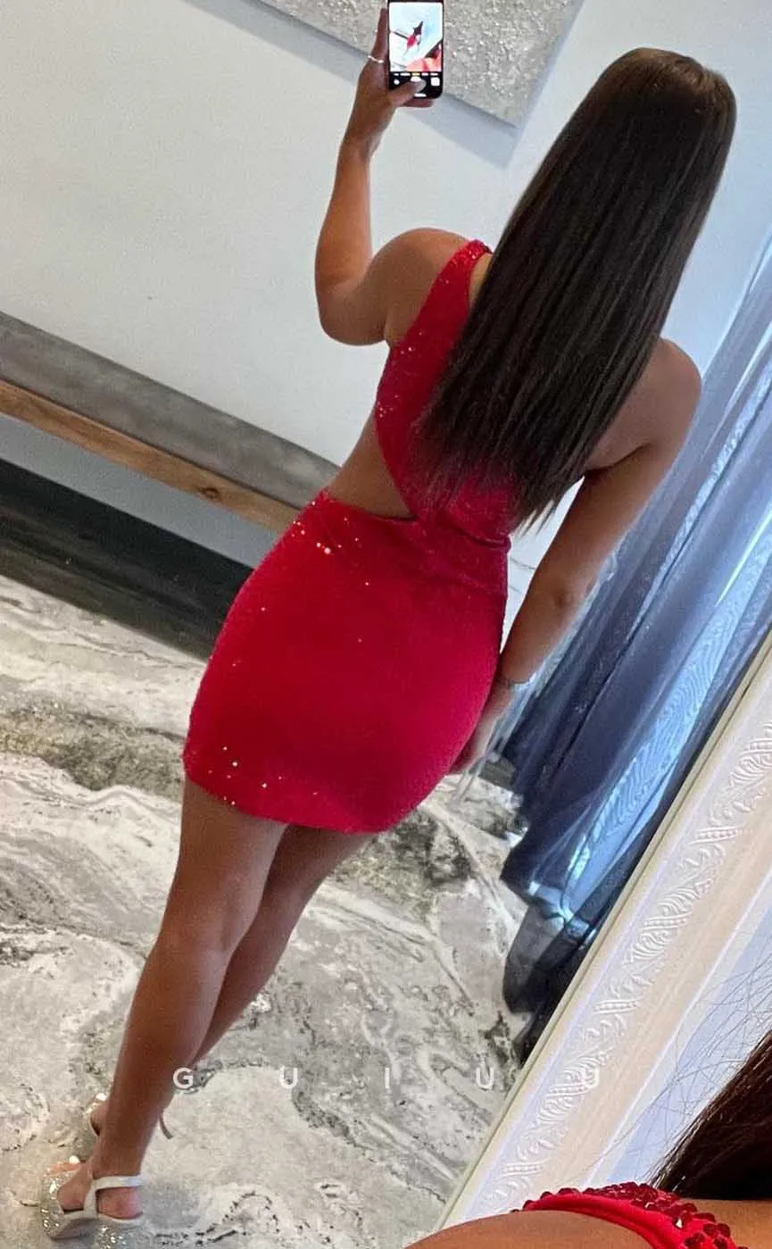 GH540 - Sexy Sheath/Column Asymmetric One-Shoulder Rhinestone Red Homecoming Dress