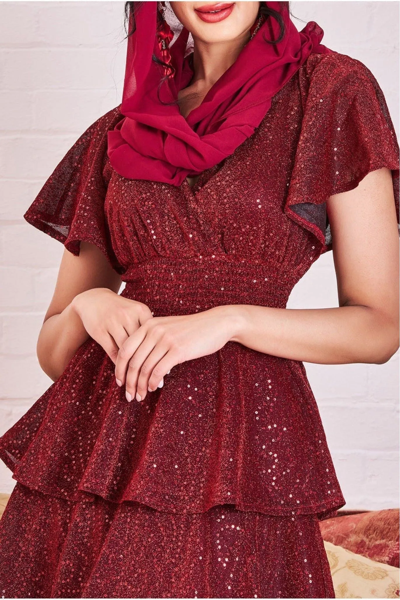 Goddiva Modesty Sequin Lurex Tiered Maxi Dress - Wine