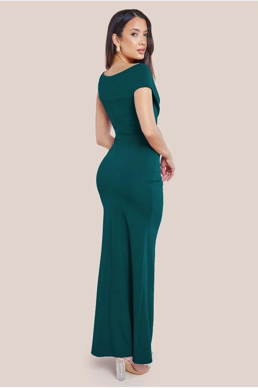 Goddiva Scuba Crepe  Off The Shoulder Maxi - Emerald Green