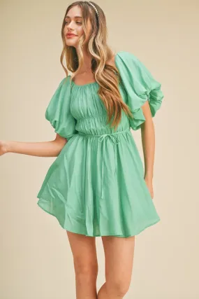 Green Bubble Sleeve Flared Mini Dress