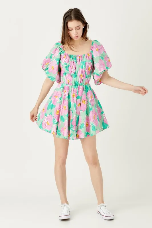 Green Floral Floral Bubble Sleeve Flare Mini Dress