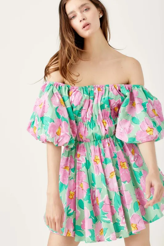 Green Floral Floral Bubble Sleeve Flare Mini Dress