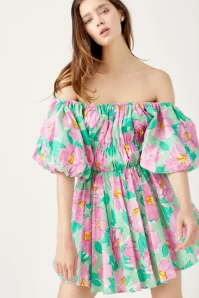 Green Floral Floral Bubble Sleeve Flare Mini Dress