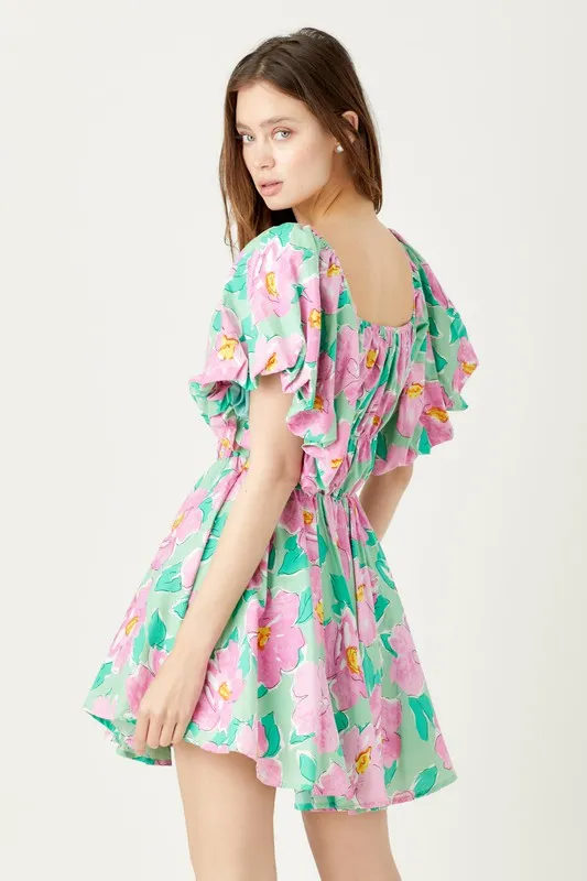 Green Floral Floral Bubble Sleeve Flare Mini Dress