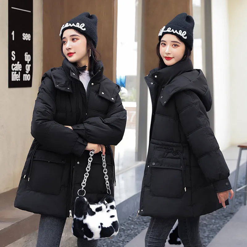 Hooded Drawstring Waist-tight Large Pocket Thermal Cotton-padded Clothes Women