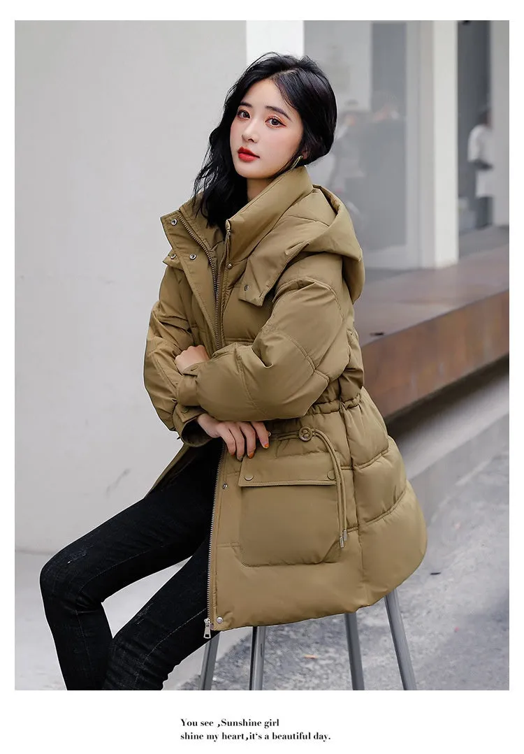 Hooded Drawstring Waist-tight Large Pocket Thermal Cotton-padded Clothes Women