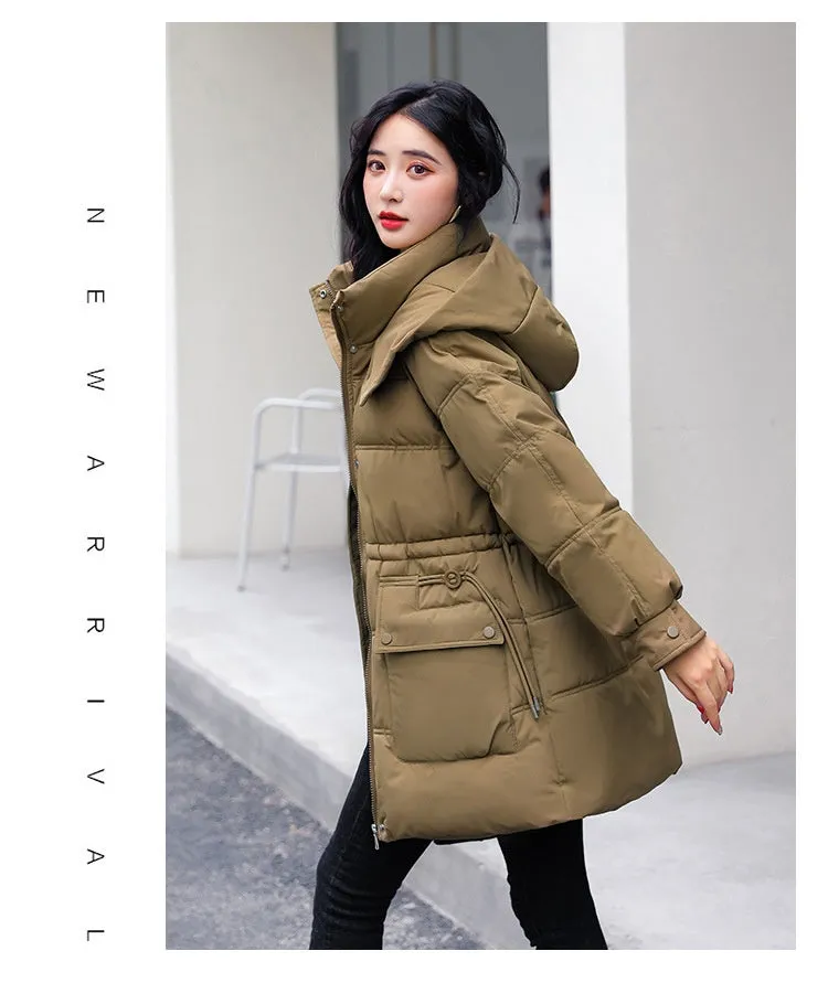 Hooded Drawstring Waist-tight Large Pocket Thermal Cotton-padded Clothes Women
